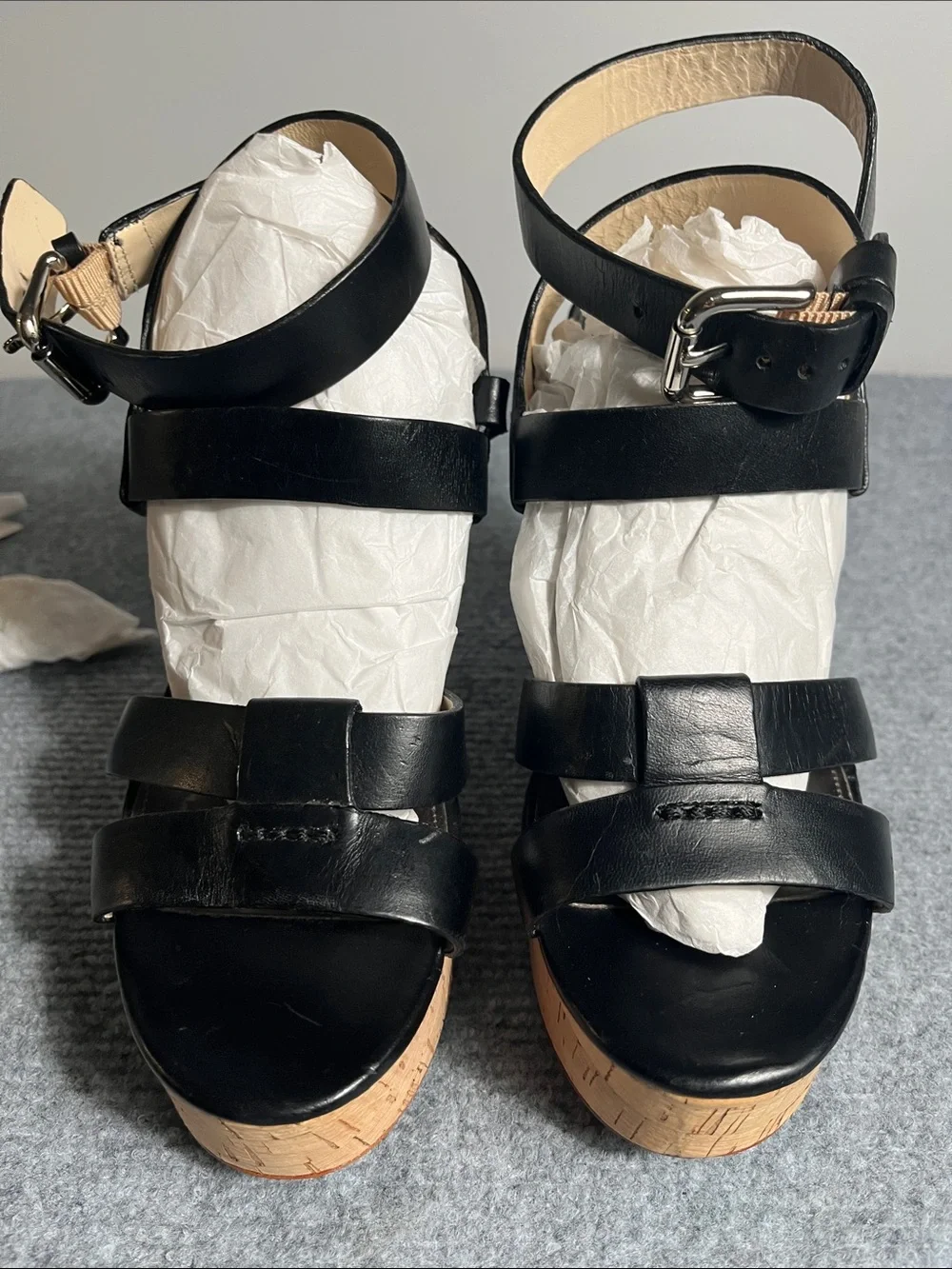 Coach Black Leather Cork Platform Heeled Sandals